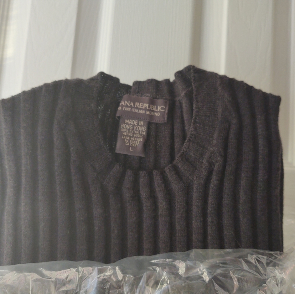 BANANA REPUBLIC Sz L Extra-Fine Italian Merino Wool Crewneck Sweater Grey Ribbed